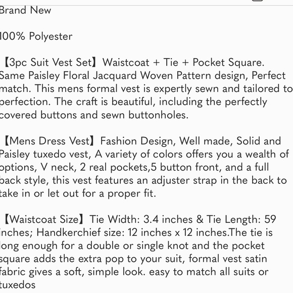 New 3PC Men's Paisley Floral Suit Vest Navy - Picture 8 of 8